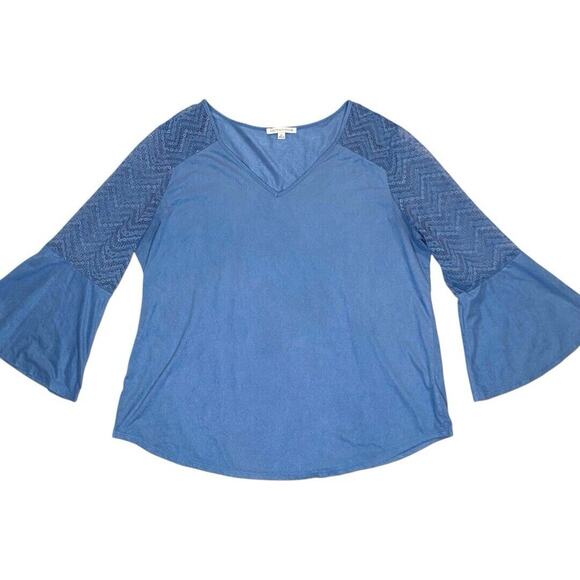 Boho Chic Faux Suede Top Womens XL Lace Feminine Cell Sleeve Office Casual Flowy - Picture 1 of 6